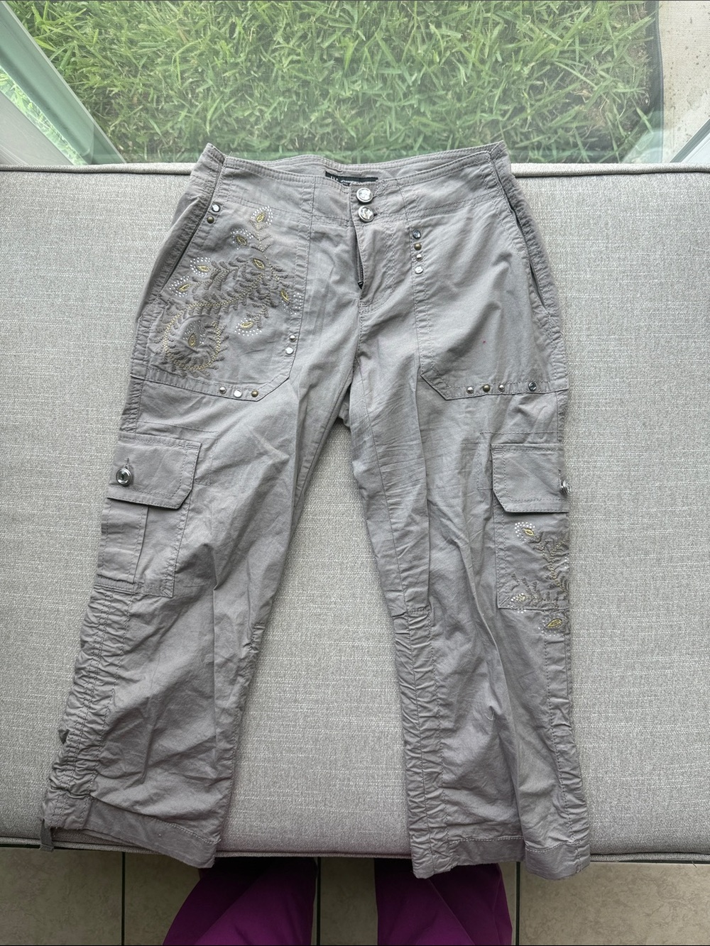 INC International Concepts Gray Cargo Pants with Embroidered Accents